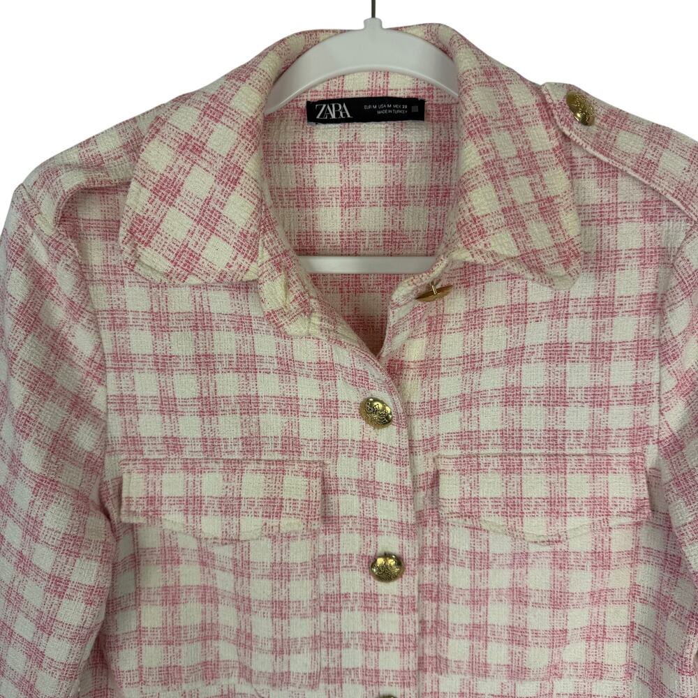 ZARA Plaid Check Tweed Cropped Jacket Women Size M Pink Textured Shacket - Picture 5 of 6